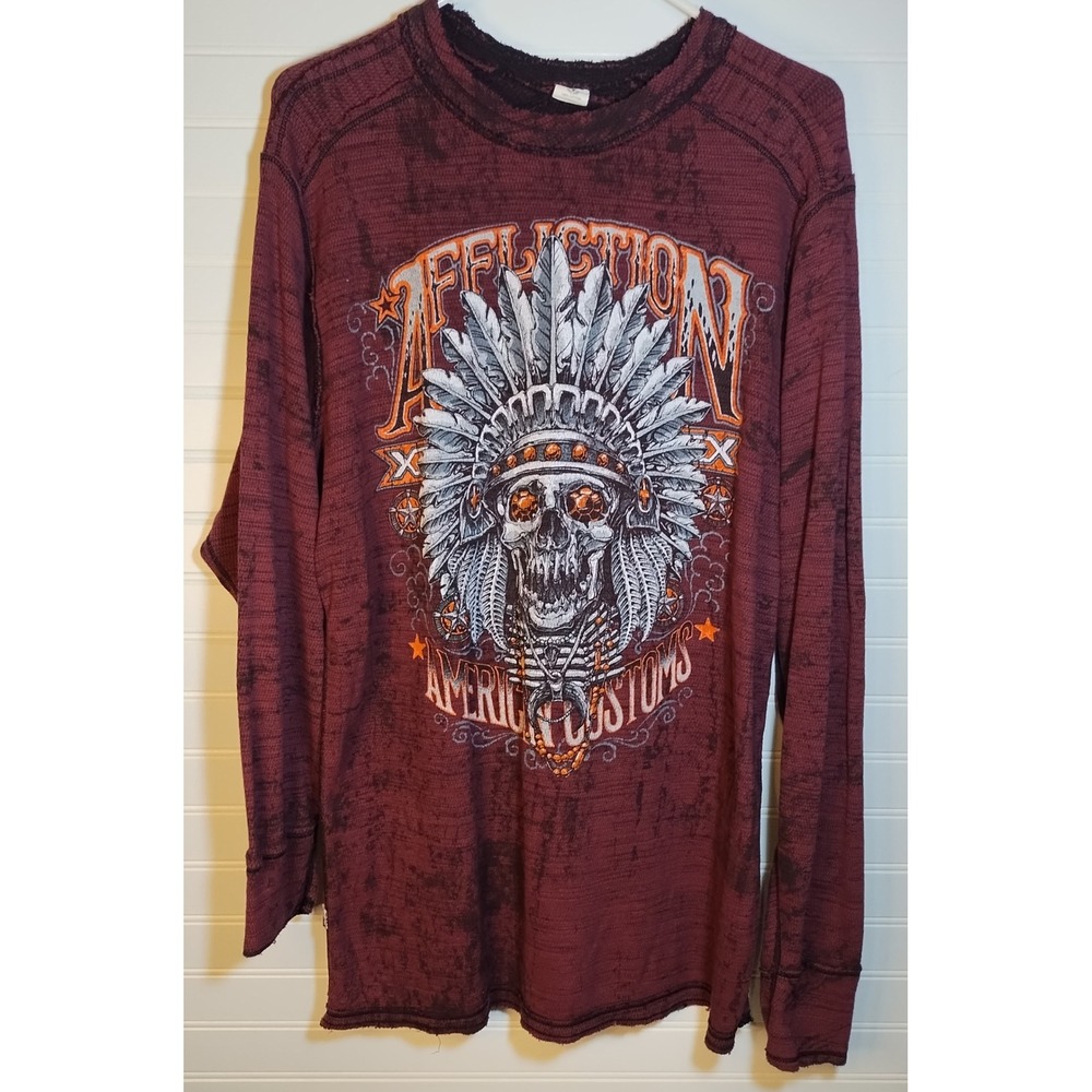 Affliction American‎ Customs Skull Graphic Y2K Long Sleeve T-Shirt Maroon XXL